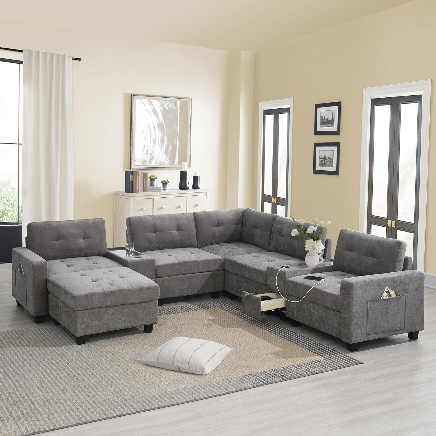 104'' Modular Sectional Sofa couch with 2 Acrylic Consoles, Oversized U Shaped Couch Set with USB Charger, Storage Drawers,Pockets and Movable Ottoman, Chenille Sectional Couches for Living Room ,Gray - Image 9