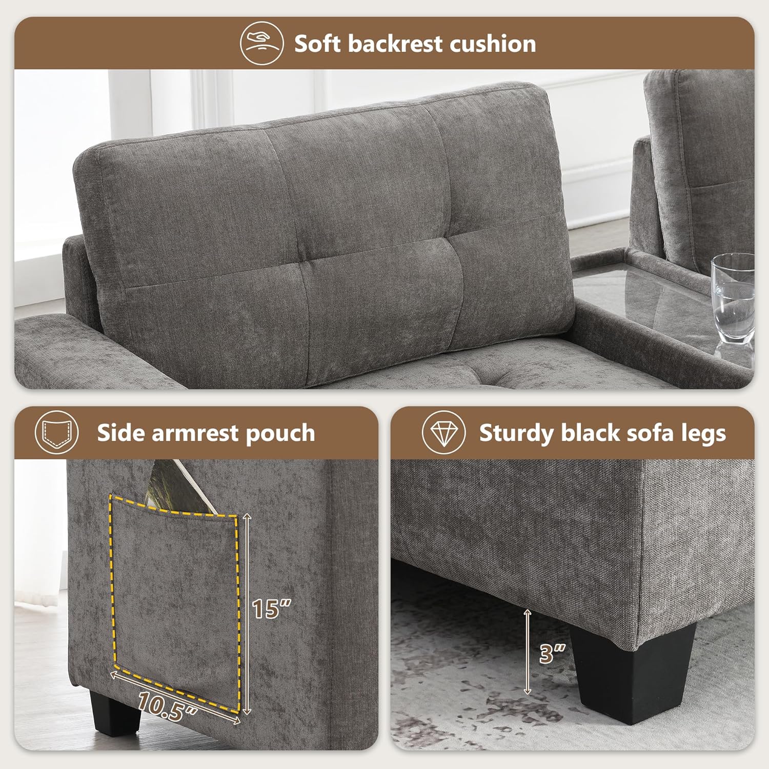 104'' Modular Sectional Sofa couch with 2 Acrylic Consoles, Oversized U Shaped Couch Set with USB Charger, Storage Drawers,Pockets and Movable Ottoman, Chenille Sectional Couches for Living Room ,Gray - Image 6