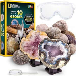 National Geographic Break Open 10 Premium Geodes – Includes Goggles & 2 Display Stands – Great STEM Science Kit, Geology Gift for Kids, Break Your Own Geodes with Crystals