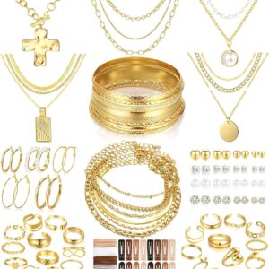 FANDY 137 Pieces Gold Jewelry Set for Women, 12 Necklace, 14 Bracelet, 21 Earrings, 24 Knuckle Rings, 66 Hair Accessory Gold Plated Jewelry Set for Women Gift