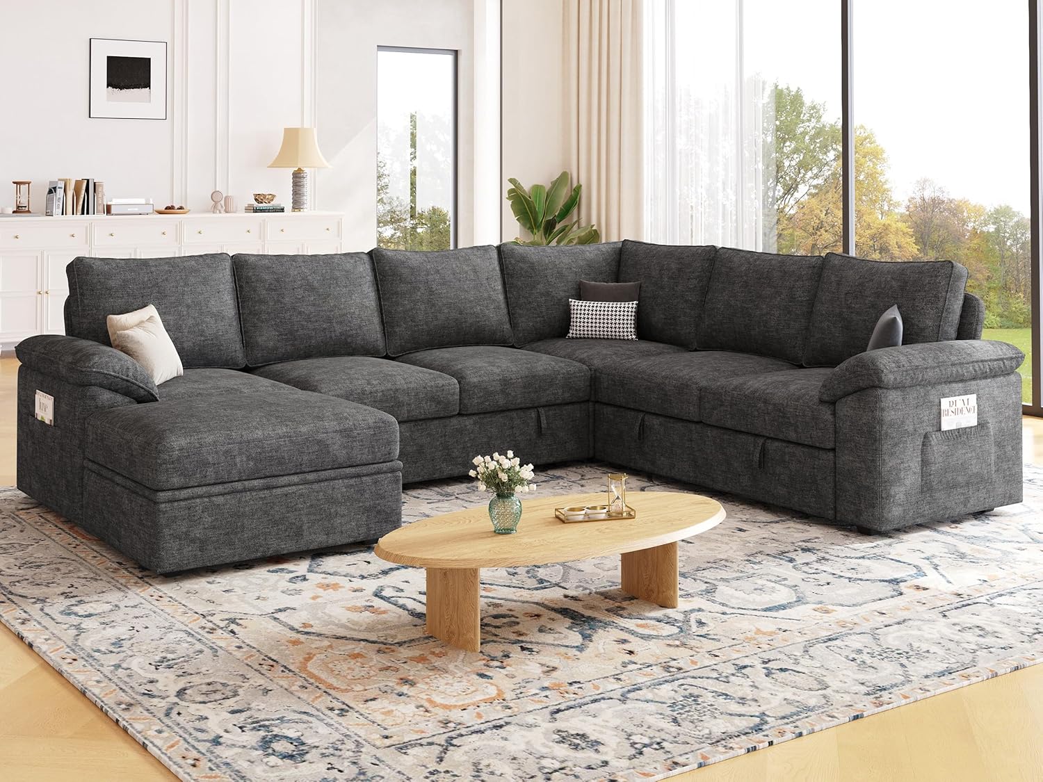 108 Inch Sectional Sleeper Sofa with Pull Out Bed, U Shaped 7 Seat Modular Sectional Sofa with Storage, Sectional Couches for Living Room, Cloud Modular Couch,Removable Sofa Cover, Dark Grey - Image 2