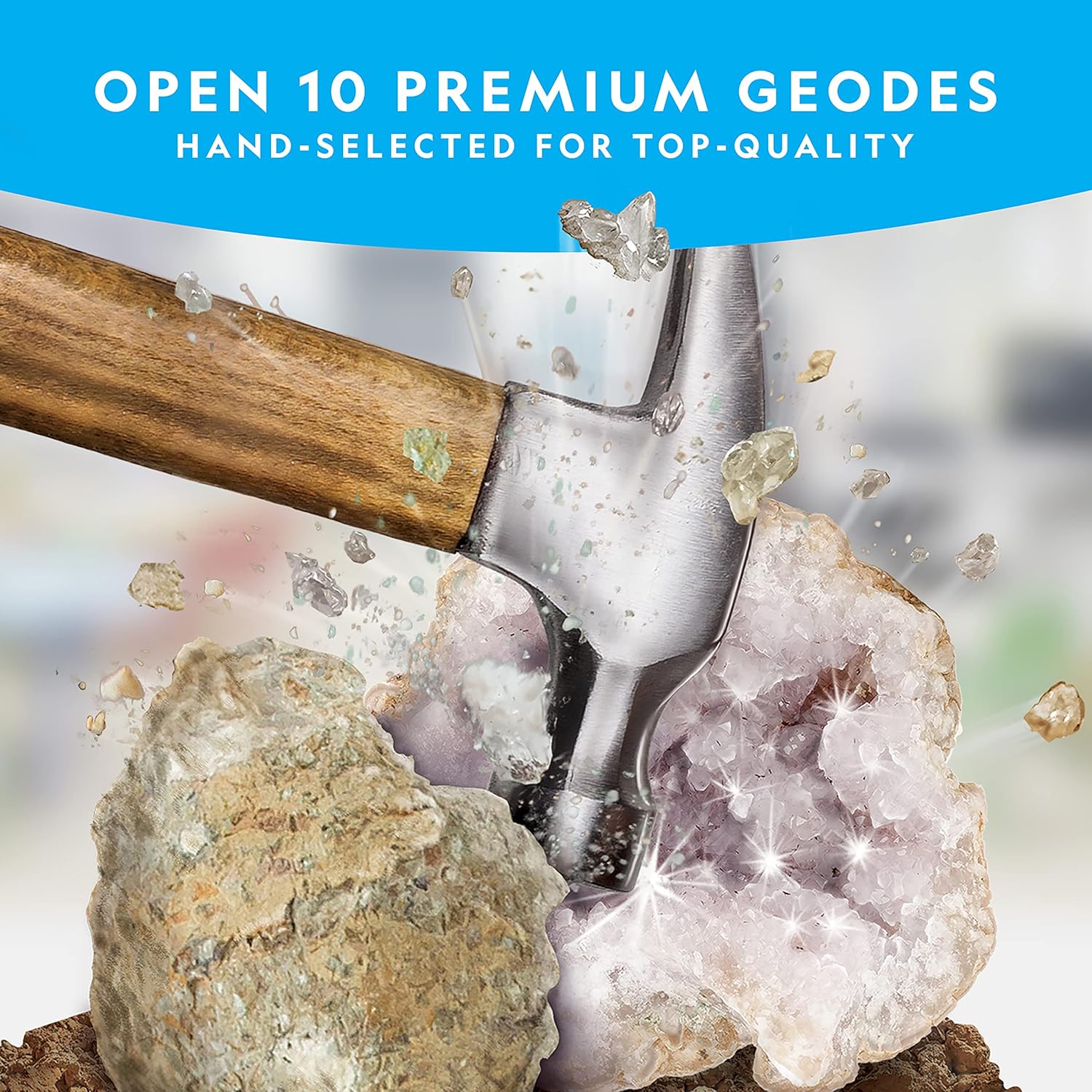 National Geographic Break Open 10 Premium Geodes – Includes Goggles & 2 Display Stands - Great STEM Science Kit, Geology Gift for Kids, Break Your Own Geodes with Crystals - Image 3