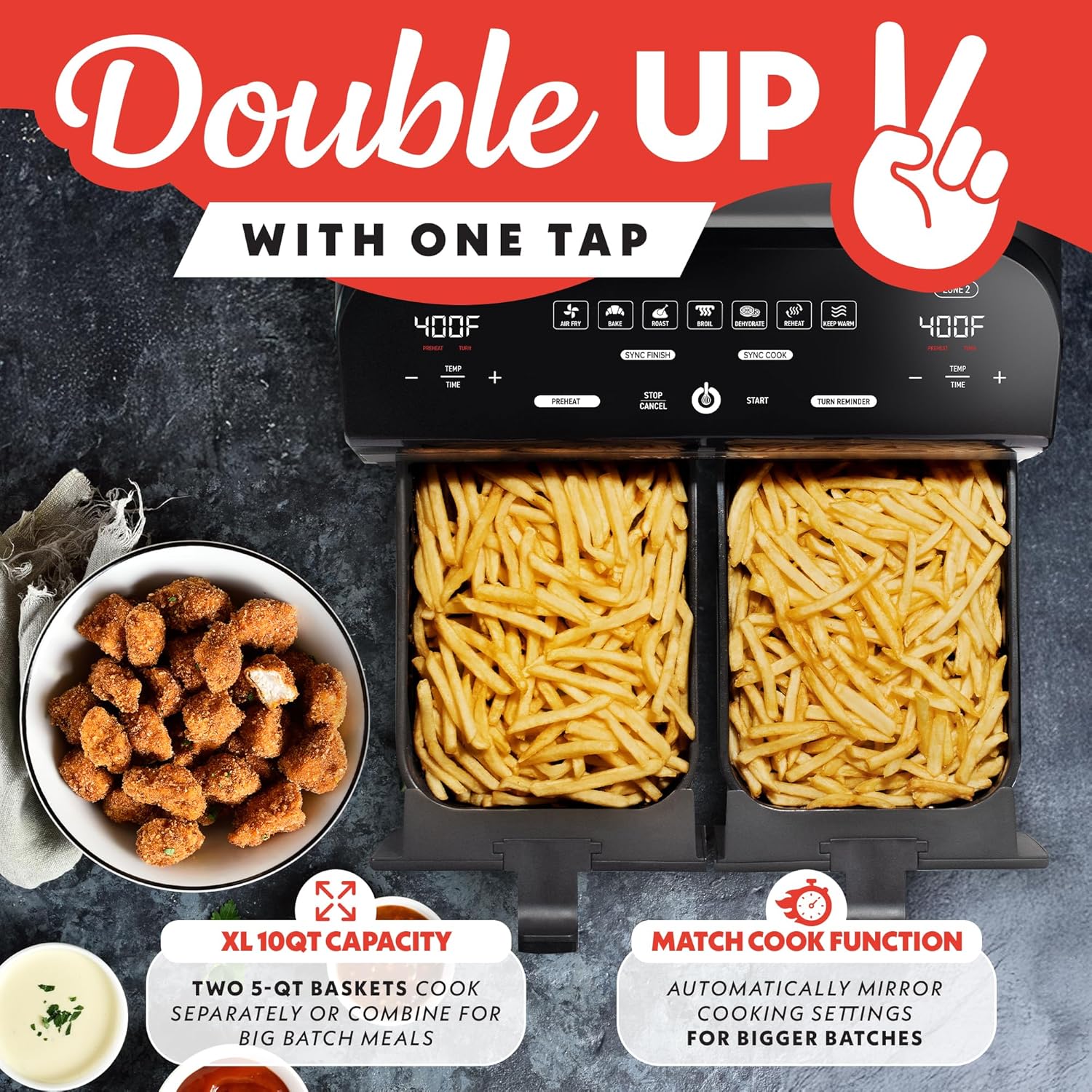 Gourmia Dual Basket Air Fryer - 10 Qt Large Capacity, FryForce360º, Digital Display with 7 Presets, Roast, Bake, Broil, Dehydrate, Match Cook, Sync Finish, Dishwasher Safe Accessories, Black - Image 5