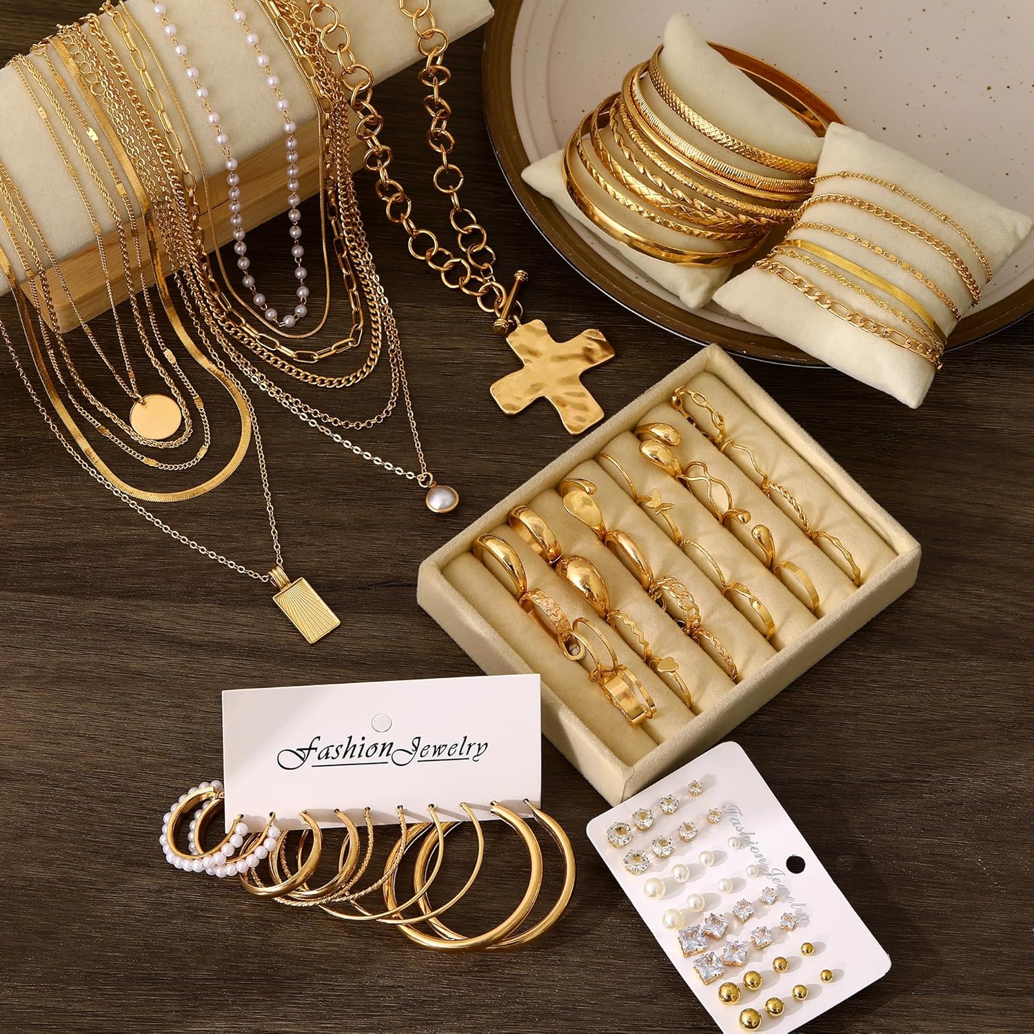 FANDY 137 Pieces Gold Jewelry Set for Women, 12 Necklace, 14 Bracelet, 21 Earrings, 24 Knuckle Rings, 66 Hair Accessory Gold Plated Jewelry Set for Women Gift - Image 7