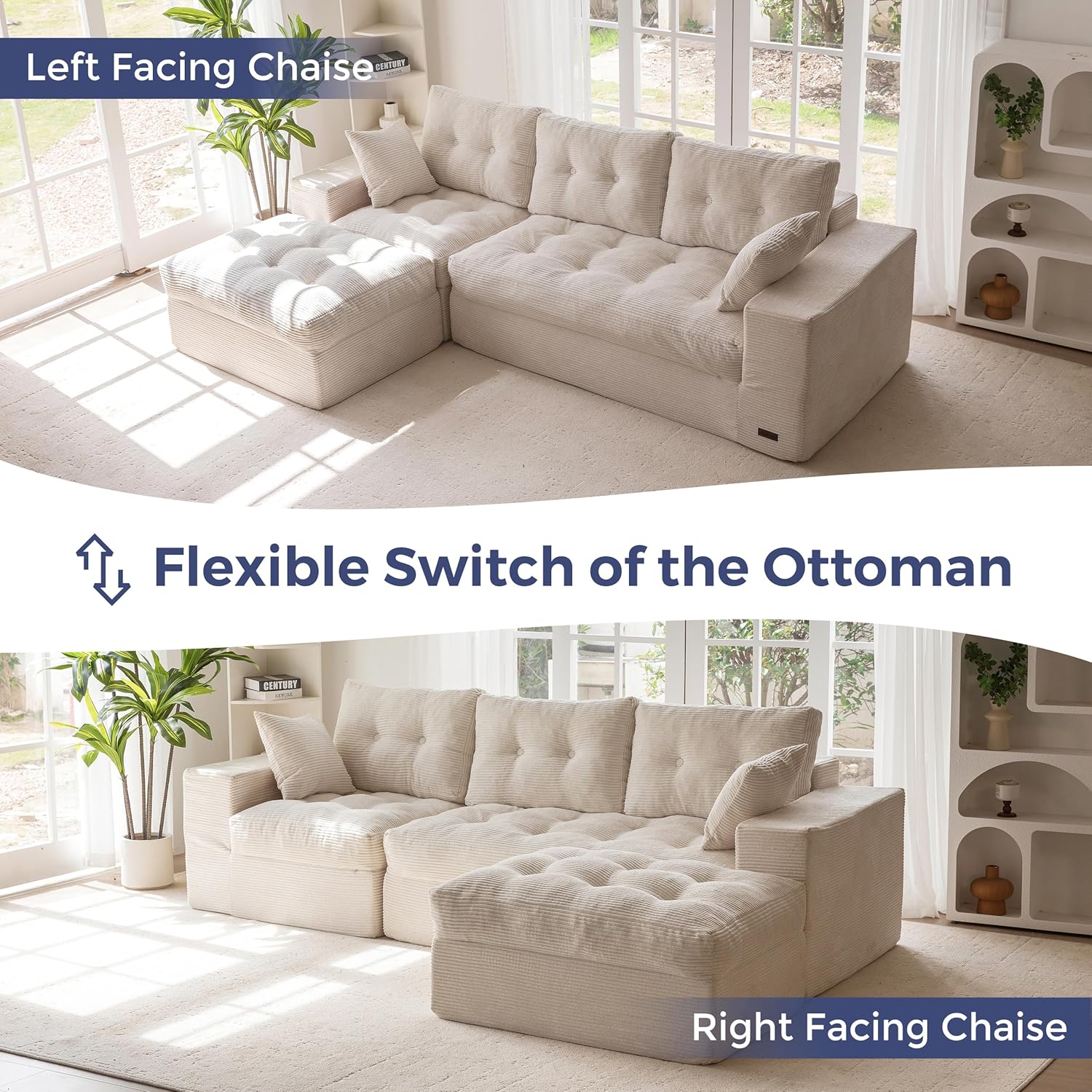 MAXYOYO 104" L Shaped Modular Sectional Sofa with Ottoman, Cloud Boneless Couch with Layered Cushion, Upholstered Sofa in a Box, Flexible Module Combination for Living Room, No Assembly, Beige - Image 6