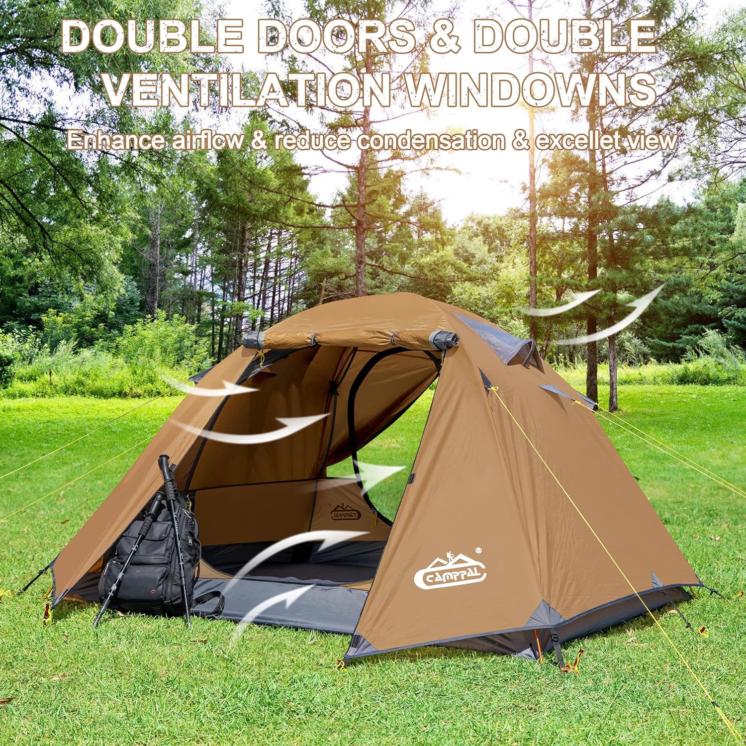 2-3 Person Backpacking Tent with Double Door 2 Vestibule, Waterproof Windproof Lightweight Easy Set Up 3 Season 2 Man Two Person Tent for Camping, Hiking, Motorcycle, Mountaineering with UPF 50+ - Image 4