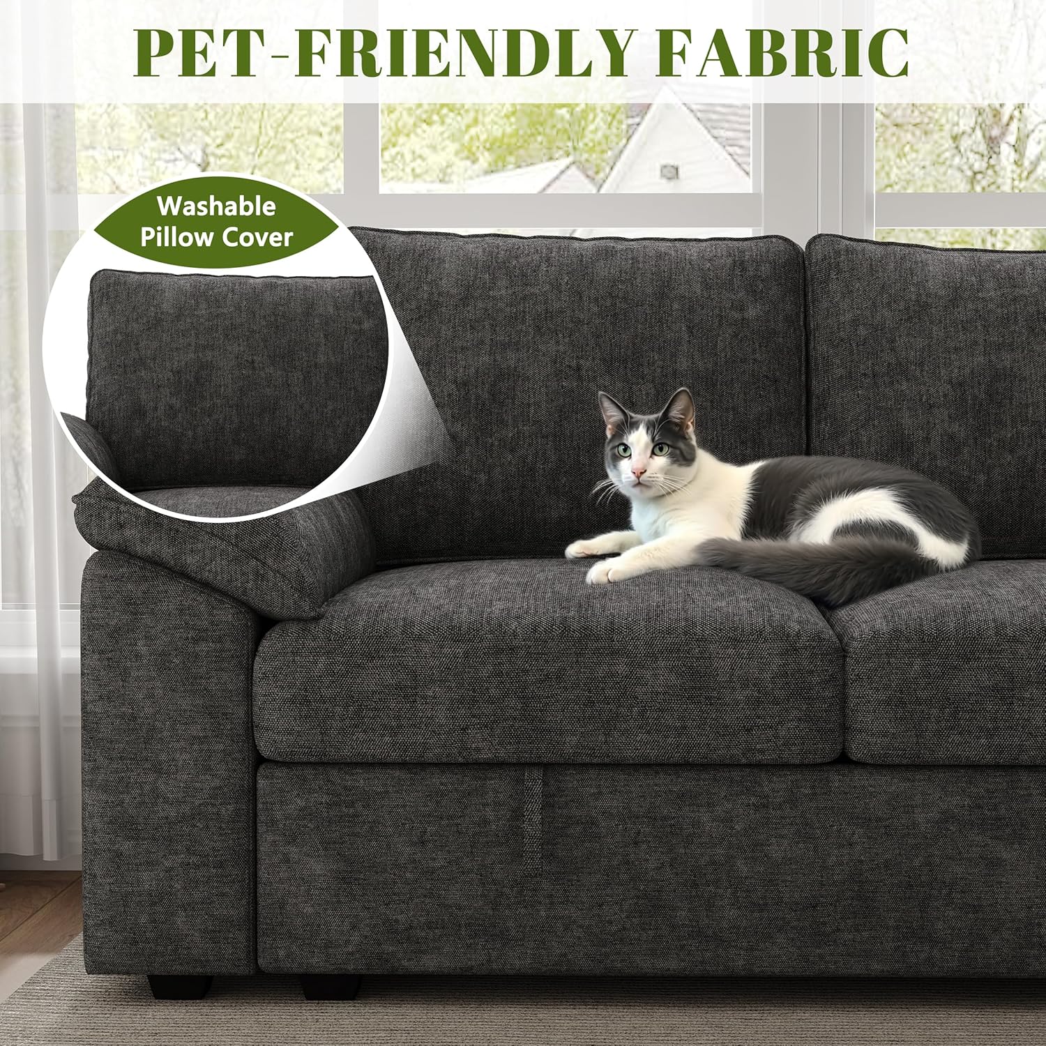 108 Inch Sectional Sleeper Sofa with Pull Out Bed, U Shaped 7 Seat Modular Sectional Sofa with Storage, Sectional Couches for Living Room, Cloud Modular Couch,Removable Sofa Cover, Dark Grey - Image 8