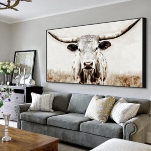Texas Longhorn Canvas Print, Vintage Framed Cow Wall Art, Modern Farmhouse Wall Decor for Living Room (Black Framed, 59″x33″|150x84cm)