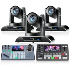 Tenveo PTZ Camera Bundle/Kits -20X 4K NDI AI Auto-Tracking PTZ Camera(3pcs) with HDMI/USB3.0/LAN(PoE), NDI PTZ Joystick Controller and 4K HDMI + SDI Video Switcher Mixer for Live Production Events