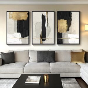 Large Framed Black and White Abstract Wall Art for Living Room, 3 Piece Big Canvas Prints Paintings Artwork for Walls, Modern Minimalist Black Gold Pictures for Hallway Office Wall Decor 24×36 Inch