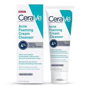 CeraVe Acne Foaming Cream Cleanser, 4% Benzoyl Peroxide Face Wash With Hyaluronic Acid, Niacinamide & Ceramides, Gentle Daily Acne Treatment For Face