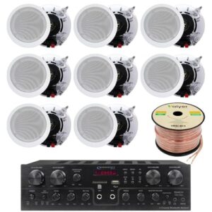 Home Theater System Kit, 4 Channel 1000 Watts Bluetooth Receiver with 5.25″ 8 Qty of 175W in-Wall in-Ceiling Speakers & 16 Gauge 500 ft. Spool of Speaker Zip Wire by Vaiyer