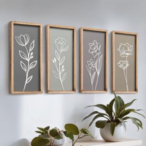 3D Wooden Floral Bathroom Wall Decor (Set of 4) Lightweight, Ready-to-Hang Framed Wall Art For Living Room, Bedroom, or Office – Premium Boho Botanical Farmhouse Decorations – Gift-Boxed