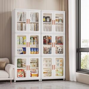 YIYHFKM Storage Bins with Lids,3 Tier Stackable Folding Storage Boxes Set for Home,Collapsible Plastic Storage with Double Door,Foldable Cabinet Organizer with Caster Wheels(2 Sets)