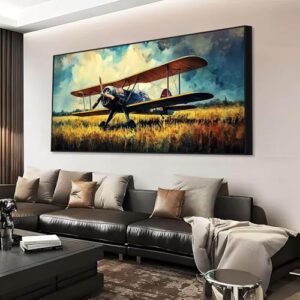 Antique Airplane Canvas Wall Art, Retro Plane Art, Airplane Oil Painting Wall Art, Vintage Wall Decor, Vintage Framed Wall Art, Wall Decor Living Room, Gift for Pilot (Black Frame, 71″x35″|180x90cm)