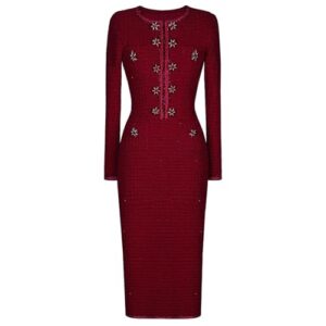Women Knit Dress Round Neck Slim Fit Long Sleeve Dresses Office Casual-Red-Medium