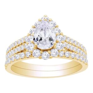 SAVEARTH DIAMONDS Halo Bridal Ring Set For Women 1.00 Cttw Pear And Round Cut Lab Grown Diamond Two Row Wedding Band Rings Set In 14K Yellow Gold Plated Vermeil Jewelry Gift for Her-7.5