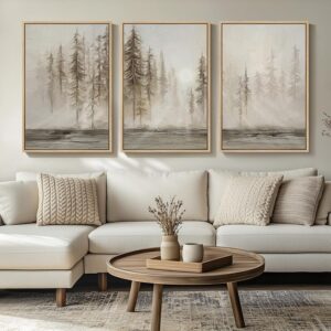 Framed Netural Wall Art for Living Room, Large 3 Piece Abstract Pastel Grunge Forest Landscape Tree Canvas Artwork Set, Modern Art Decorative Nordic Painting Picture Prints for Hallway Office 24×36 In