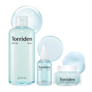 Torriden DIVE-IN Low-Molecular Hyaluronic Acid Serum, 1.69 fl oz + Toner 10.14 fl oz + Soothing Cream 3.38 fl oz | Vegan Clean Cruelty Free Facial Ampoule Moisturizer Alcohol-free Fragrance-free
