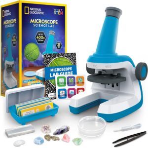 NATIONAL GEOGRAPHIC Microscope for Kids – Science Kit with an Easy-to-Use Kids Microscope, Up to 400x Zoom, Blank and Prepared Slides, Rock & Mineral Specimens, STEM Project Toy