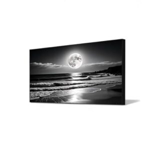 GOSTUDY Black and White Modern Wall Art,Night Sky Art,Moon and Ocean Landscape,Canvas Art Print, Black and White Pictures for Living Room,Bedroom,Dining Room,Entryway,Large Framed Ready to Hang (Black Frame, 69″ L x 39″ W)