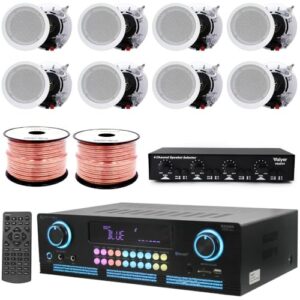 Home Theater System Kit – 2000 W Bluetooth Amplifier w/ 8 Qty of 6.5″ Framed Ceiling Speakers 200 W Each, 4-Ch Speaker Selector w/Volume Control, 500 ft Speaker Wire & Remote for Home, Office- Vaiyer