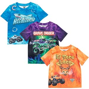 Monster Jam Megalodon El Toro Loco Grave Digger Monster Truck Toddler Boys 3 Pack T-Shirts Orange/Purple/Blue 4T