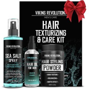 Viking Revolution Sea Salt Spray for Hair Men (8fl oz), Hydrating Hair Oil for Men with Vitamin E (3.38fl oz) and Styling Powder (1oz) – Mens Styling Texturizing Kit
