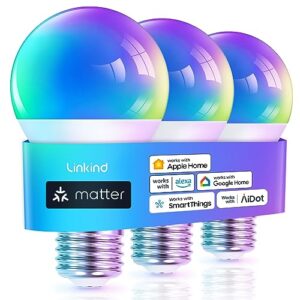Linkind Matter Smart Light Bulb, Smart Bulbs Work with Apple Home, Siri, Alexa, Google Home, SmartThings, Color Changing Light Bulbs RGTBW Music Sync, Mood Lights, 2.4Ghz WiFi A19 E26 60W 800LM 3 Pack