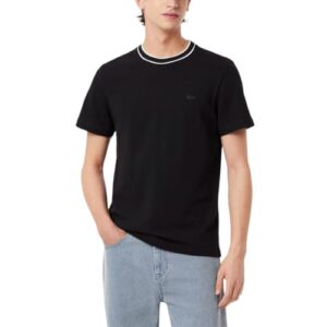 Lacoste Men’s Stretch Piqué Stripe Collar T-Shirt, Black Striped Collar, Medium