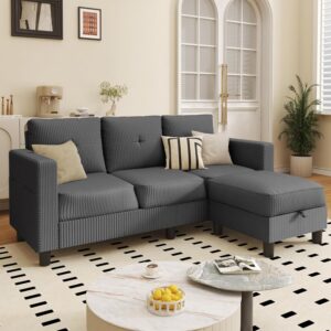 JAMFLY Convertible L-Shaped Sectional Sofa with Reversible Storage Ottoman, 3-Seat Couch with Side Pockets, Modern Compact Furniture for Small Apartments, Studios & Lofts, Dark Grey