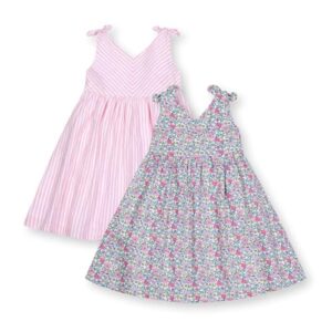 Hope & Henry Girls’ Bow Shoulder Linen Swing Dress Set of 2, 6, Flower Show Floral & Pink Stripe