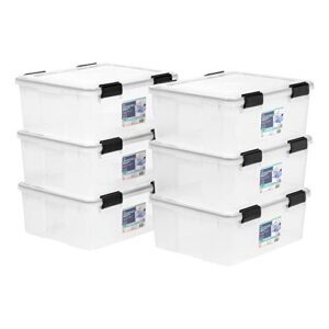 IRIS USA 30.6 Quart WEATHERPRO Plastic Storage Box with Durable Lid and Seal and Secure Latching Buckles, 6 Pack, Weathertight, Keep Pest Dust and Moisture Out, for Oversized Bulky Items, Clear/Black