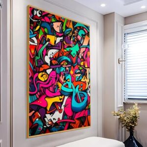 Graffiti Canvas Wall Art, Graffiti Art Wall Decor, Urban Poster for Wall, Abstract Canvas Wall Art, Urban Art Print Framed, Wall Decor Living Room Bedroom (Gold Framed, 39″x59″|100x150cm)