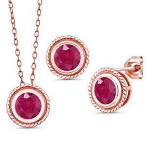 Gem Stone King 18K Rose Gold Plated Silver Red Ruby Pendant Earrings Set For Women (3.00 Cttw, Gemstone July Birthstone, Round 6MM, With 18 Inch Chain)