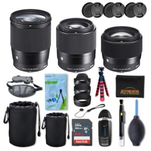 Sigma 16mm + 30mm + 56mm f1.4 DC DN Contemporary Lens for Sony E with Sunshine Photo Accessories Bundle – 4 Years USA Manufacturer Warranty