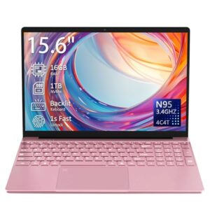 Auusda 15.6″ Laptop Computer Notebook, 4-Core N95 Processor, FHD Display, Backlit Keyboard, Fingerprint, Webcam, Bluetooth, WiFi, Win 11 Pro, 10TB Upgradeable, T152A, 16GB RAM, 1TB SSD, Pink