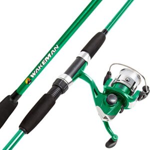 Fiberglass Fishing Rod – Portable 2-Piece Medium Action 65-Inch Pole with Size 20 Spinning Reel for Lake Fishing by Wakeman (Emerald Green)