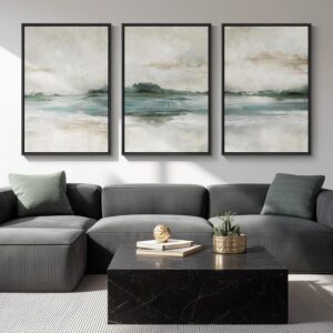 Large Framed Abstract Nature Landscape Wall Art for Living Room, Set of 3 Modern Canvas Prints Paintings Artwork for Walls, Green Lake Pictures for Hallway, Dining Room, Office Wall Decor 24×36 Inch
