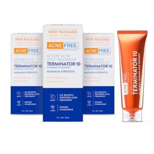 Acne Free Terminator 10 Acne Spot Treatment With Benzoyl Peroxide 10% Maximum Strength Acne Cream Treatment, 1 Ounce, Pack of 3