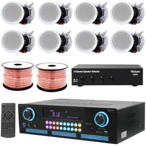 Home Theater System Kit – 2000 W Bluetooth Amplifier w/ 8 Qty of 5.25″ Framed Ceiling Speakers 175 W Each, 4-Ch Speaker Selector, 500 ft Speaker Wire & Remote for Home, Office, Restaurant – Vaiyer