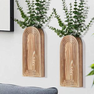 2 Pack Wooden Wall Vase Set – Brown Finish Modern Farmhouse & Boho Wall Decor for Entryway, Hallway, Bathroom, Living Room, Dining Room, Narrow Spaces