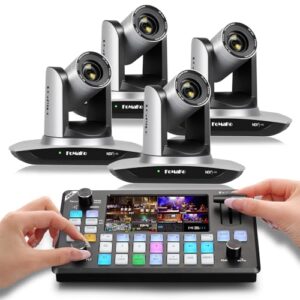 FoMaKo NDI Camera, 20x Optical Zoom AI Auto Tracking HDMI PTZ Camera(4pcs),KC602 Video Mixer Switcher, for Church Services Worship Education(FMK20UHX4+KC602)
