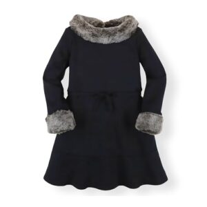Hope & Henry Girls’ Long Sleeve Ponte Skater Dress with Faux Fur Trim, 5, Black Long Sleeve
