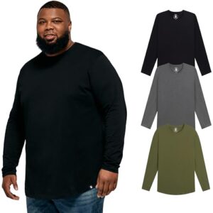 STRONGSIZE Men’s Big and Tall Long Sleeve Shirts – Longer Length Long Sleeve Crewneck T-Shirt 3-Pack Black/Heather Charcoal/Cypress 3XL