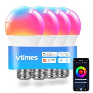 VTimes Smart Light Bulbs, WiFi & Bluetooth Light Bulb, Work with Alexa and Google Home, A19 E26 RGBCW LED Color Changing Light Bulb, 16 Million Colors, Dimmable 2700K-6500K, 9W, 800 Lumens 4 Pack