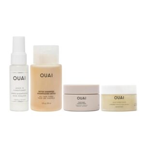 OUAI Travel Kit – Includes Travel Size Leave In Conditioner, Detox Shampoo, Thick Hair Mask, Scalp & Body Scrub (4 Count)