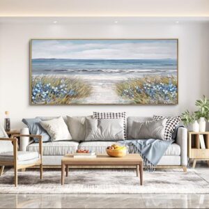 XLSJERST Large Framed Wall Art for Living Room Decor – Farmhouse Boho Beach Coastal Vintage Floral Ocean Wall Picture Flowers Sea Canvas Print Artwork for Home Bedroom Office 86×39 Inches