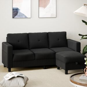 Shintenchi 76″ Modern Upholstered Sectional Sofa, L-Shaped Couch with Storage Ottoman and Reversible Chaise for Living Room, Black Corduroy Fabric