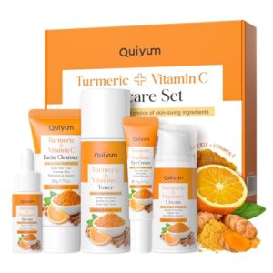 QUIYUM Skin Care Set, Turmeric Vitamin C Skincare Kits 5PCS – Beauty Facial Skin Care Routine Set Kit for Women, Dark Spot Remover for Face, Reduce Acne, Even Tone, Glow, Valentine’s Day Birthday Gift